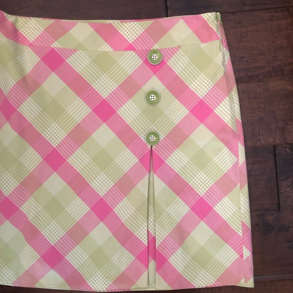 ANN TAYLOR LOFT Pink & Lime Green Plaid Skirt with Lime Green Buttons - Size 12 - Picture 7 of 9